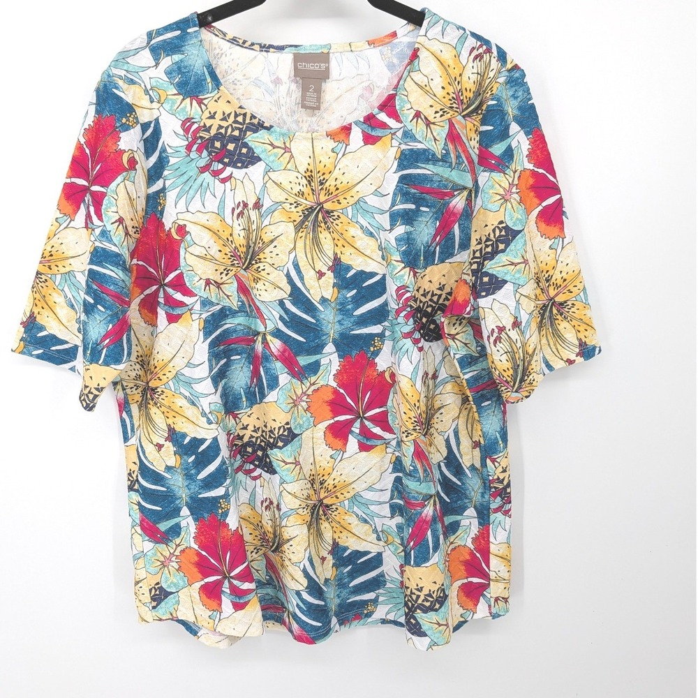 Chicos T-Shirt Women Large Multicolor Tropical Pineapple Textured Knit Top